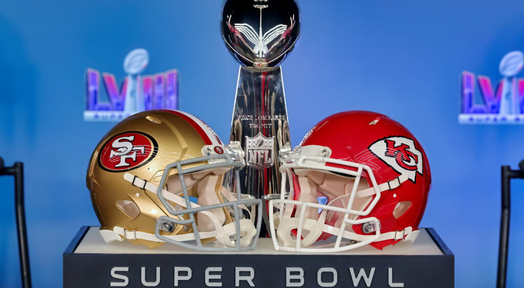 49ers and Chiefs helmets next to Lombardi Trophy