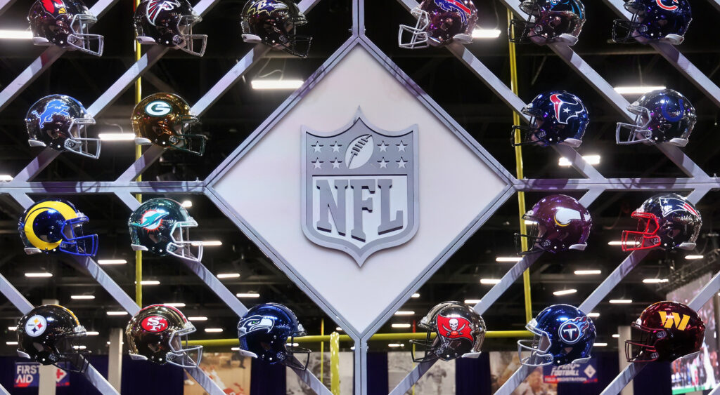 NFL helmets around NFL logo