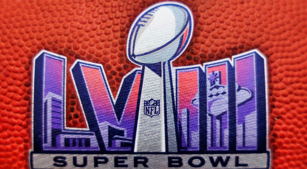 Super Bowl 58 logo on a football.
