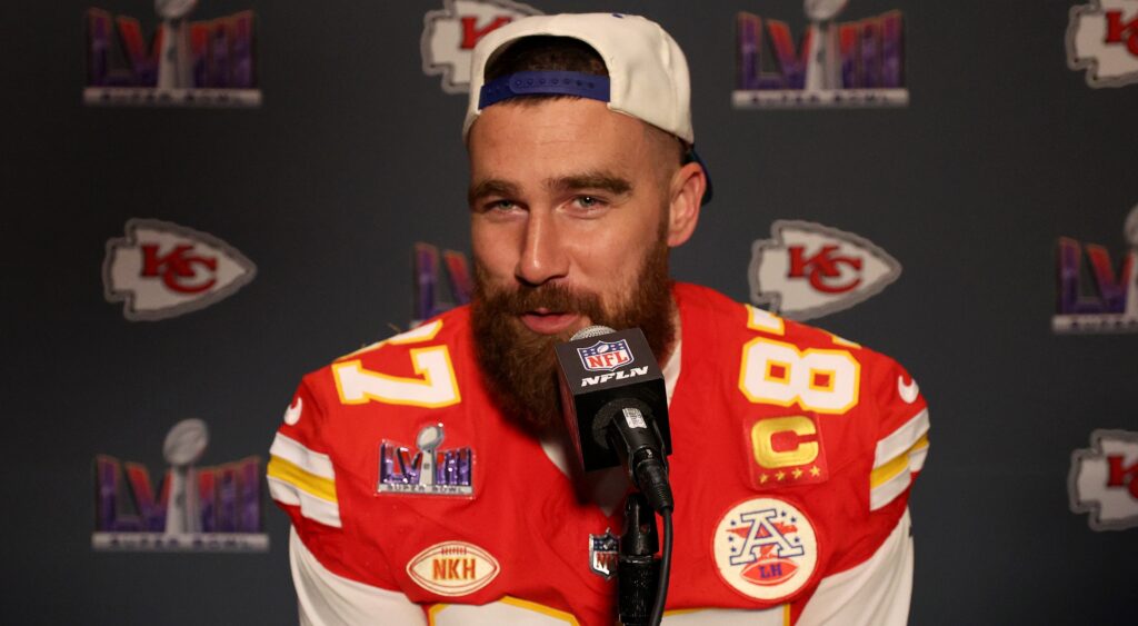 Travis Kelce speaking to reporters at Super Bowl