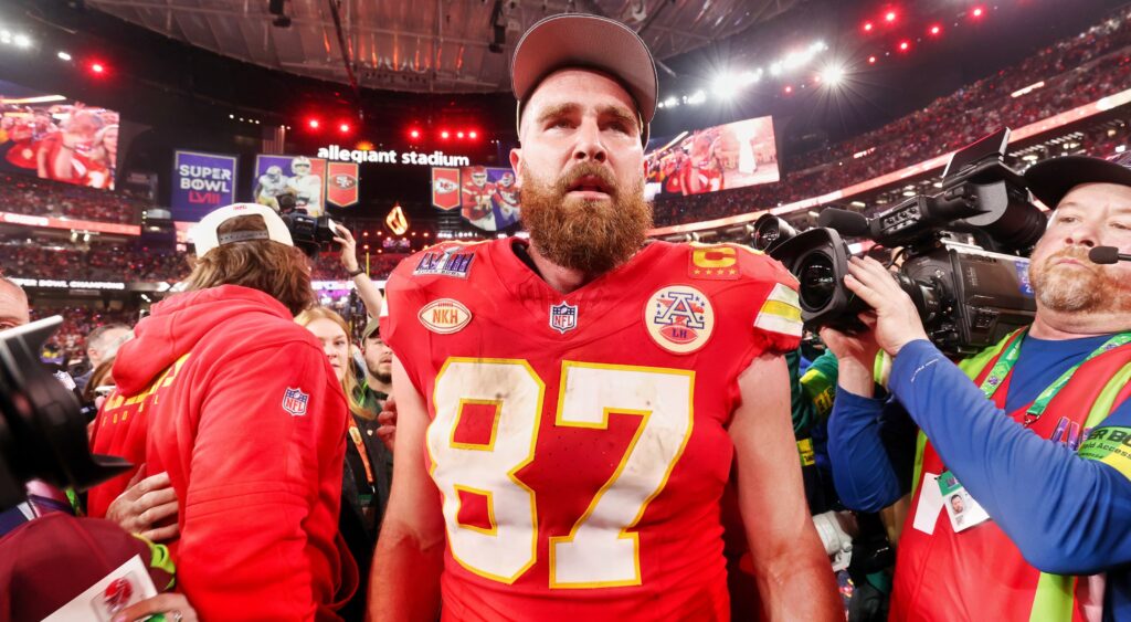 Travis kelce in uniform after the super bowl