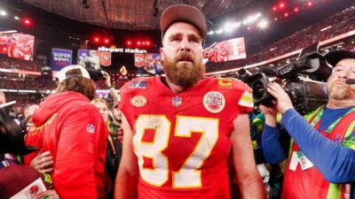 Travis kelce in uniform after the super bowl