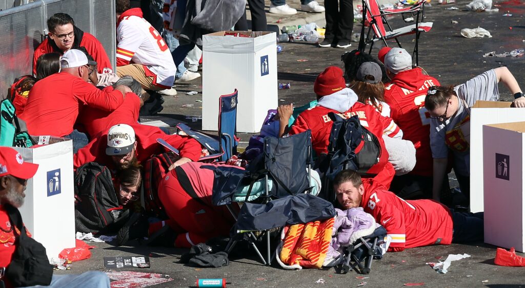 Chiefs fans on the ground during Super Bowl