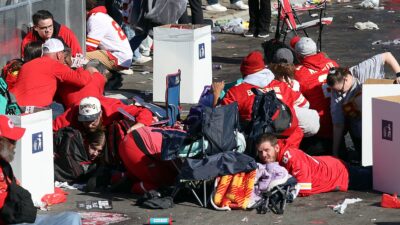 Chiefs fans on the ground during Super Bowl