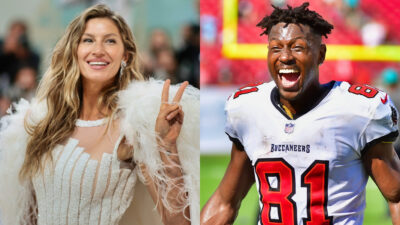 Photo of Gisele Bundchen holding two fingers up and photo of Antonio Brown laughing