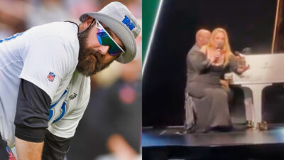 Photo of Jason Kelce leaninf over and photo of Adele sitting on stage