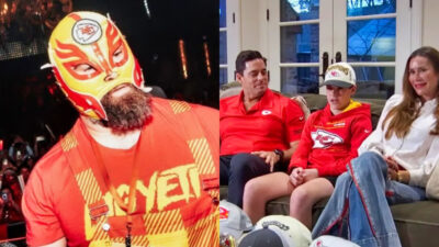 Photo of Jason Kelce in luchador mask and photo of young Chiefs fan with his family
