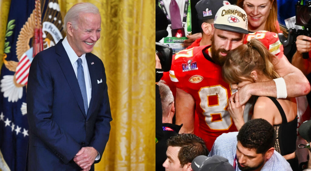 Photo of Joe Biden smiling and photo of Travis kelce holding Taylor Swift