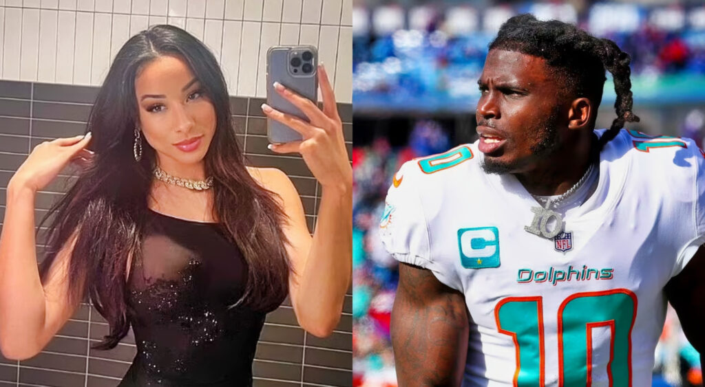 Photo of Keeta Vaccaro taking a selfie and photo of Tyreek Hill in Dolphins gear