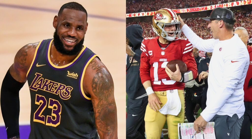 Photo of LeBron James smiling and photo of Kyle Shanahan celebrating with Brock Purdy