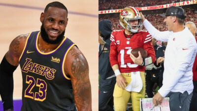 Photo of LeBron James smiling and photo of Kyle Shanahan celebrating with Brock Purdy