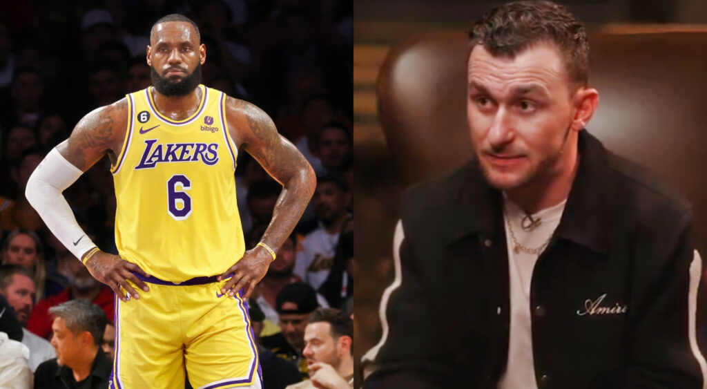 Photo of LeBron James in Lakers gear and photo of Johnny Manziel in black jacket