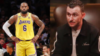Photo of LeBron James in Lakers gear and photo of Johnny Manziel in black jacket