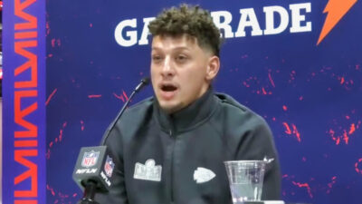 Patrick Mahomes speaking to reporters