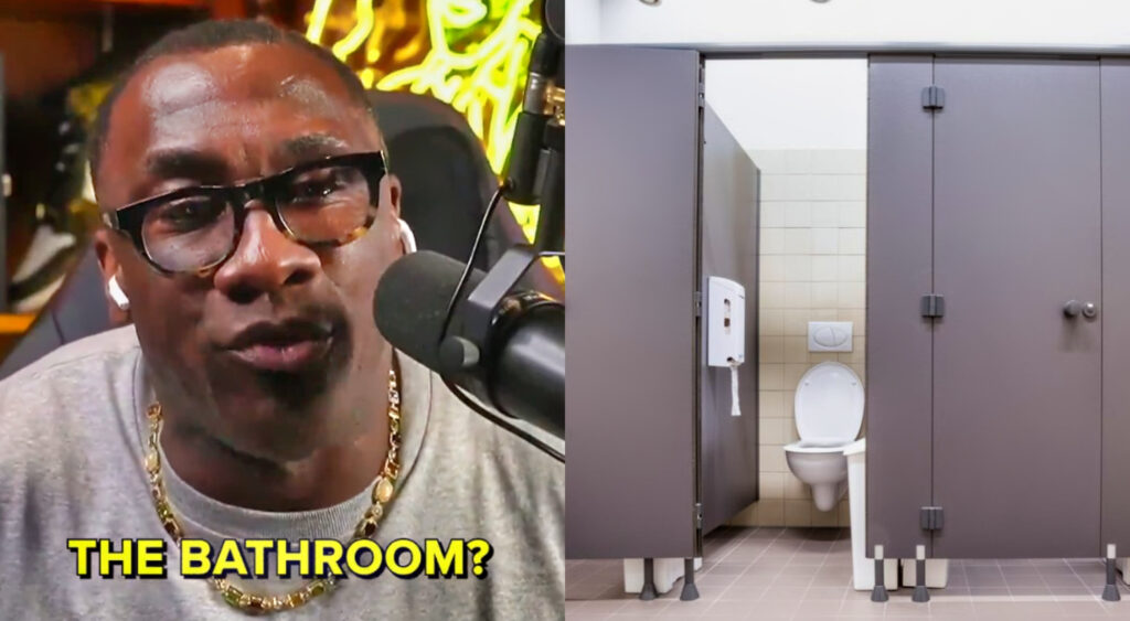 Photo of Shannon Sharpe speaking on 'Nightcap' and photo of public restroom