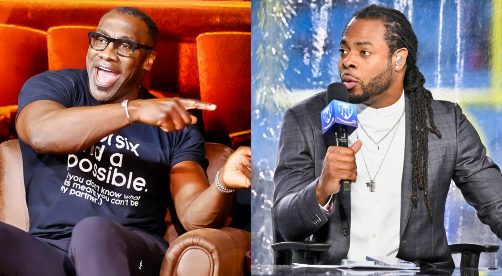 Photo of Shannon Sharpe pointing and photo of Richard Sherman Speaking Into a mic