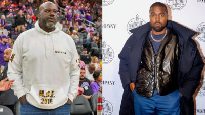 Photo of Shaquille O'Neal in hoodie and photo of Kanye West with his hands in his pockets