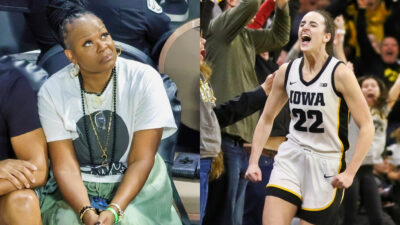 Photo of Sheryl Swoopes with disapproving look on her face and photo of Caitlin Clark celebrating