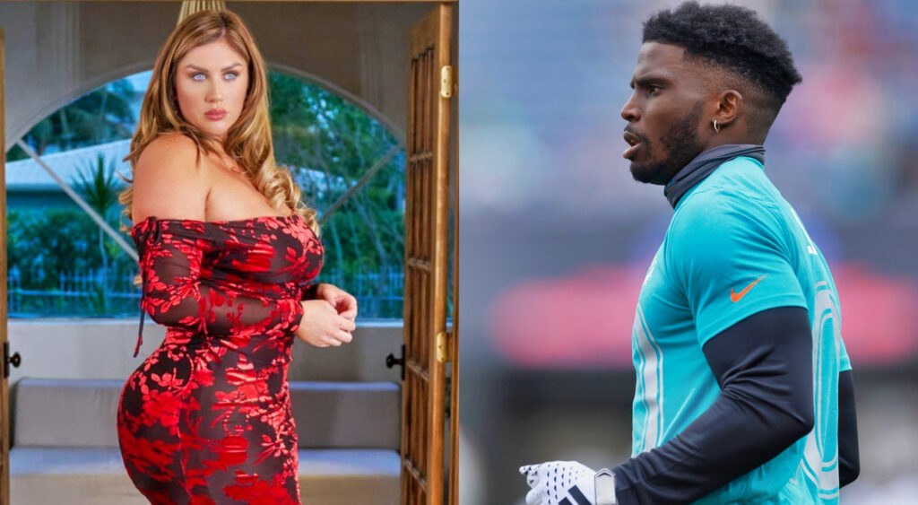 Photo of Sophie Hall in red dress and photo of Tyreek Hill in Dolphins T-shirt