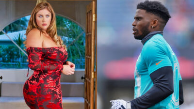 Photo of Sophie Hall in red dress and photo of Tyreek Hill in Dolphins T-shirt