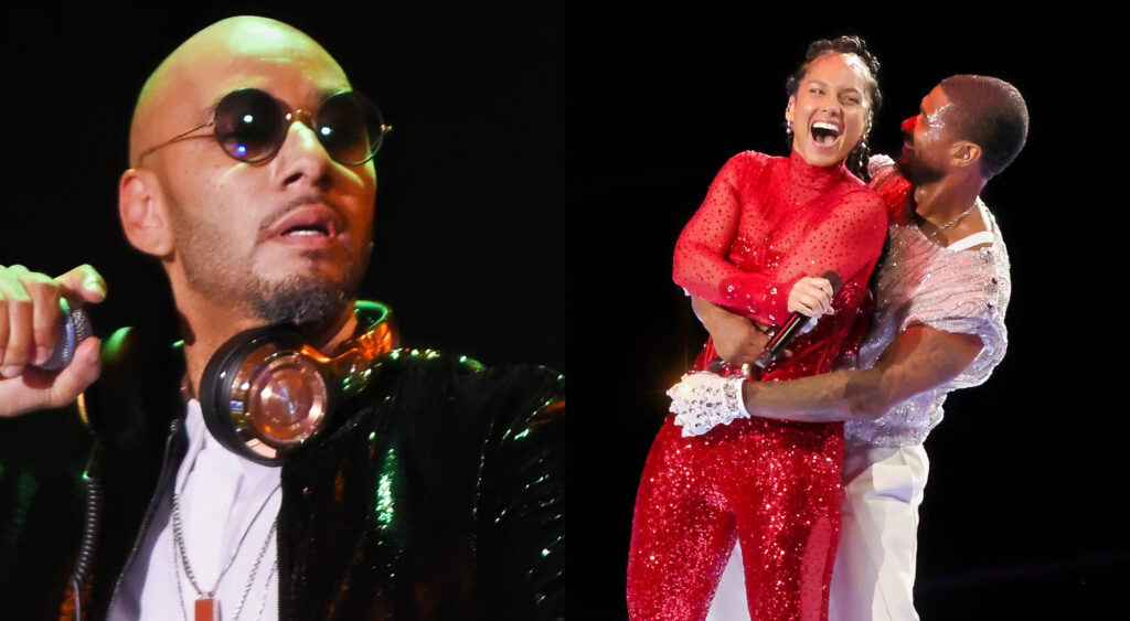 Photo of Swizz Beats staring and photo of Usher holding Alicia Keys