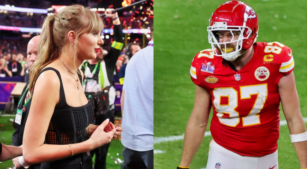 Photo of Taylor Swift in black vest and photo of Travis Kelce in Chiefs uniform