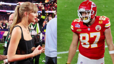 Photo of Taylor Swift in black vest and photo of Travis Kelce in Chiefs uniform