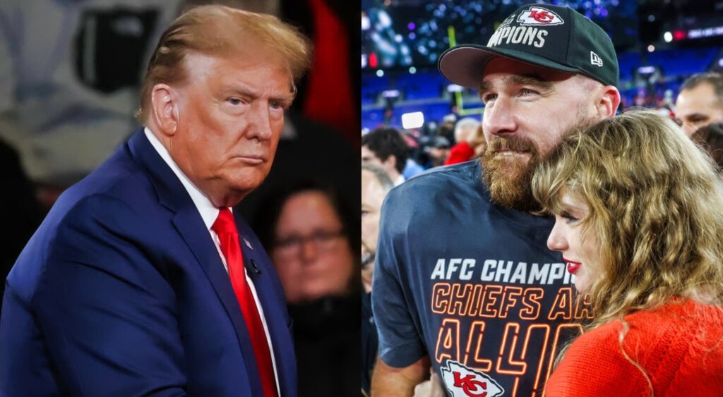 Taylor Swift and travs kelce huging while donald trump is sitting down