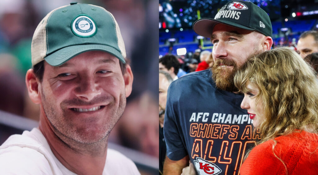 Photo of Tony Romo smiling and photo of Travis Kelce holding Taylor Swift