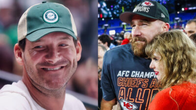 Photo of Tony Romo smiling and photo of Travis Kelce holding Taylor Swift