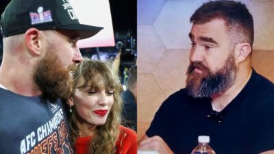 Photo of Travis Kelce holding Taylor Swift and photo of Jason Kelce speaking on a podcast
