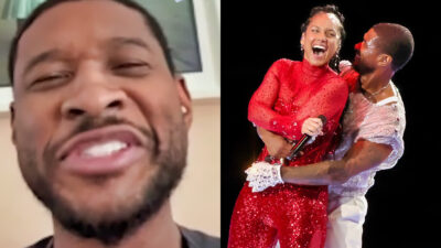 Photo of usher speaking into camera and photo of Usher holding Alicia Keys
