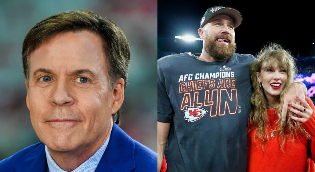 Bob Costas looking on (left). Travis Kelce and Taylor Swift celebrating (right).