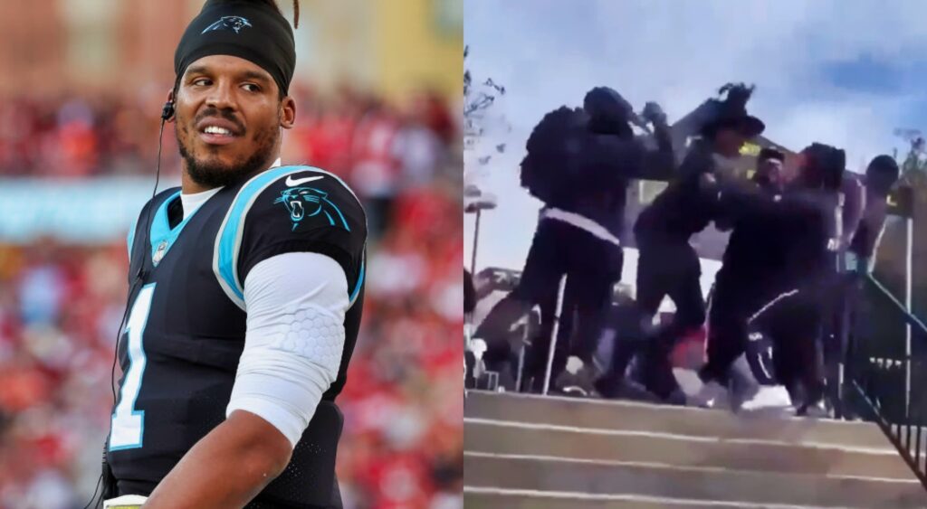 Cam Newton in Panthers jersey. Cam fighting.
