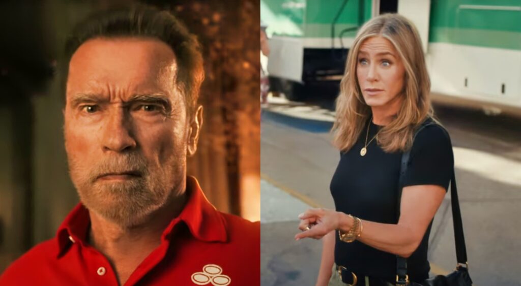 Arnold Schwarzenegger looking on in State Farm commercial (left). Jennifer Aniston speaking during Uber Eats ad (right).