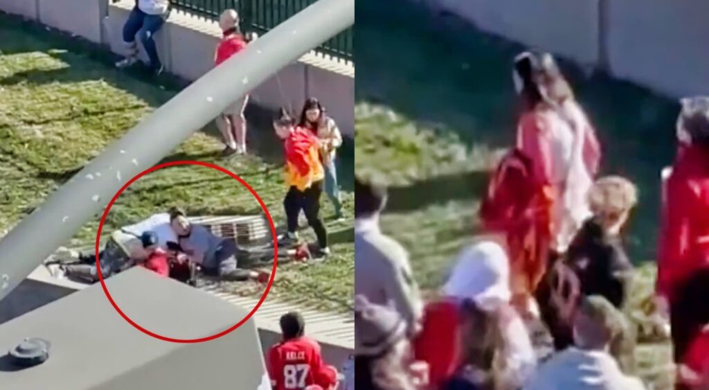 Chiefs fans tackle suspect. Woman picks up gun.