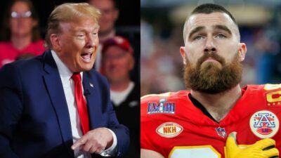 donald trump at political event. travis kelce during anthem