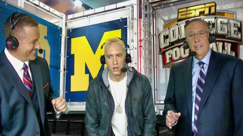 Eminem in ESPN's NCAA football broadcast booth.