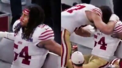 Fred Warner on bench and Warner being comforted by Nick Bosa