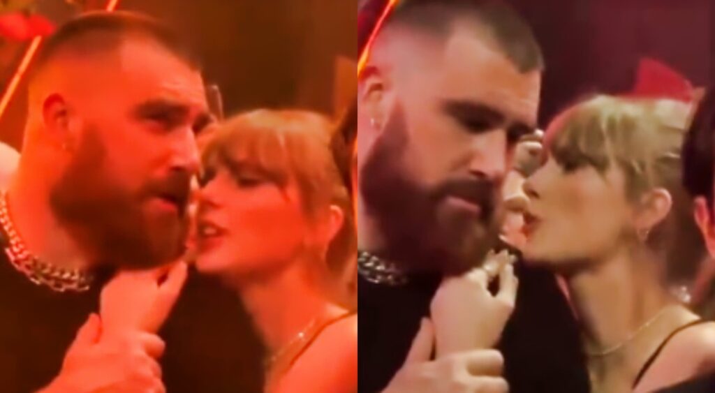 Travis kelce and Taylor Swift talking in nightclub