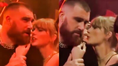 Travis kelce and Taylor Swift talking in nightclub