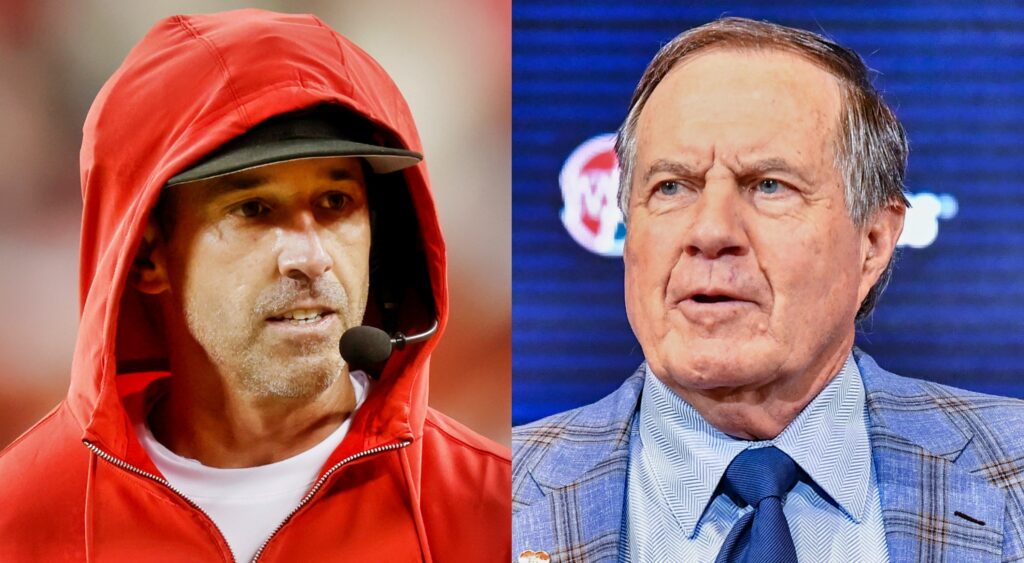 Kyle Shanahan of San Francisco 49ers looking on (left). Bill Belichick speaking at conference (right).