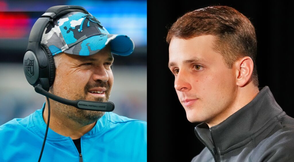 Matt Rhule of Carolina Panthers looking on (left). Brock Purdy of San Francisco 49ers speaking to reporters (right).