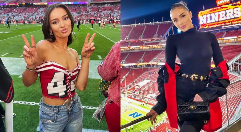 olivia culpo and Kristin Juszczyk posing in 49ers gear