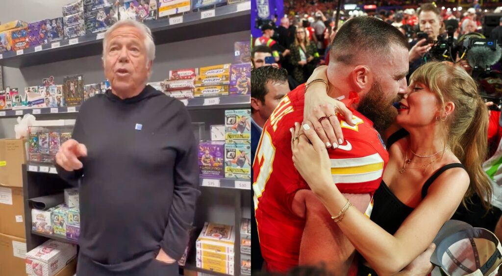 Robert Kraft of New England Patriots speaking (left). Travis Kelce and Taylor Swift embrace after game (right).