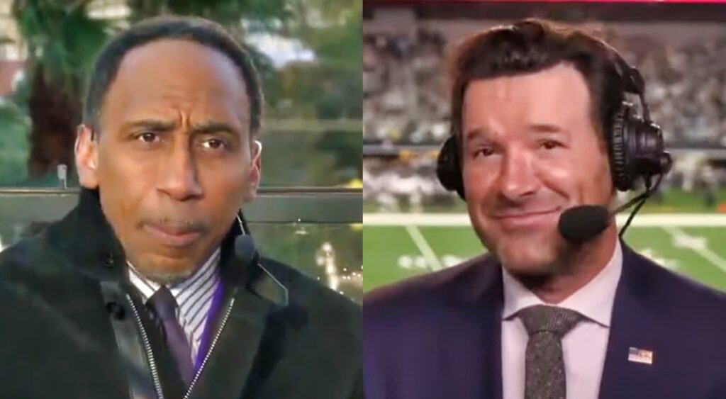 Stephen A. Smith speaking on show (left). Tony Romo smiling in broadcast booth (right).