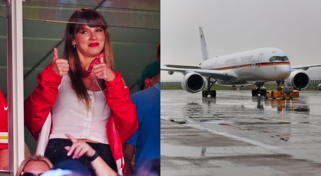 Taylor Swift giving thumbs up (left). Jet shown on ground (right).