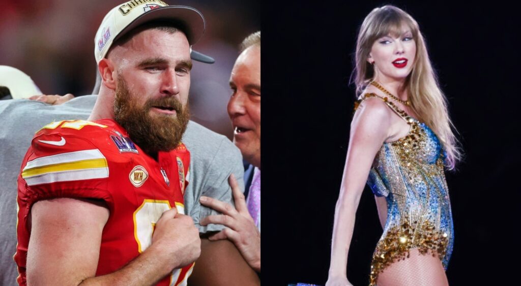travis kelce at super bowl. taylor swift on stage performing