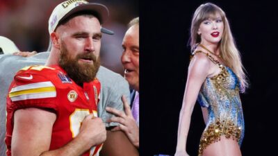 travis kelce at super bowl. taylor swift on stage performing