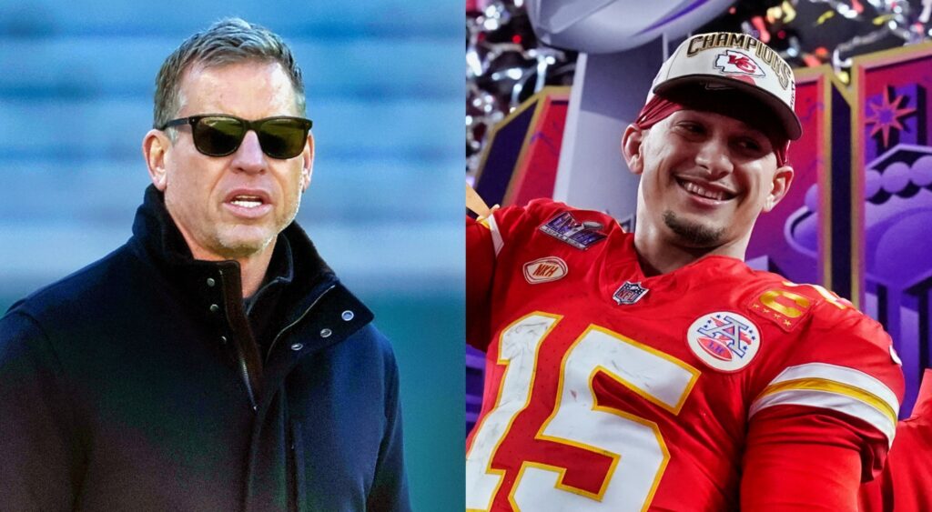 Troy Aikman looking on (left). Patrick Mahomes celebrating with Super Bowl (right).